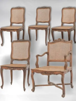 18th Century Régence Dining Chair Set with Armchair – Antique Beechwood and Cane 37¾"