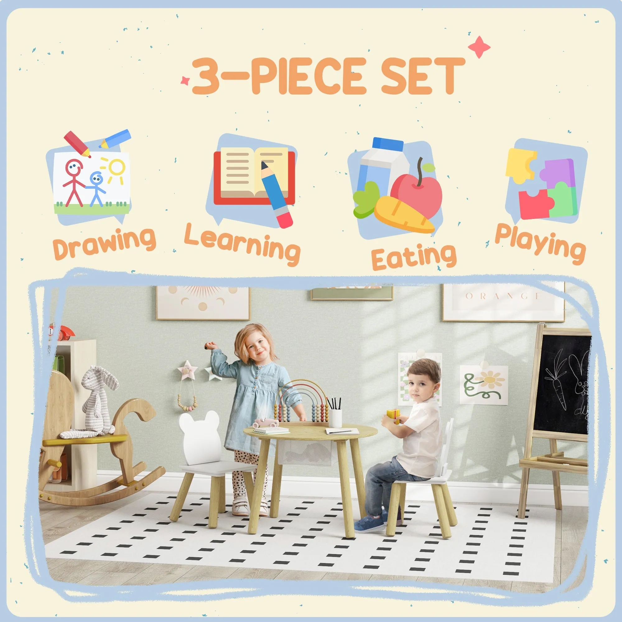 3 Pieces Toddler Table and Chair Set w/ Centre Mesh Bag