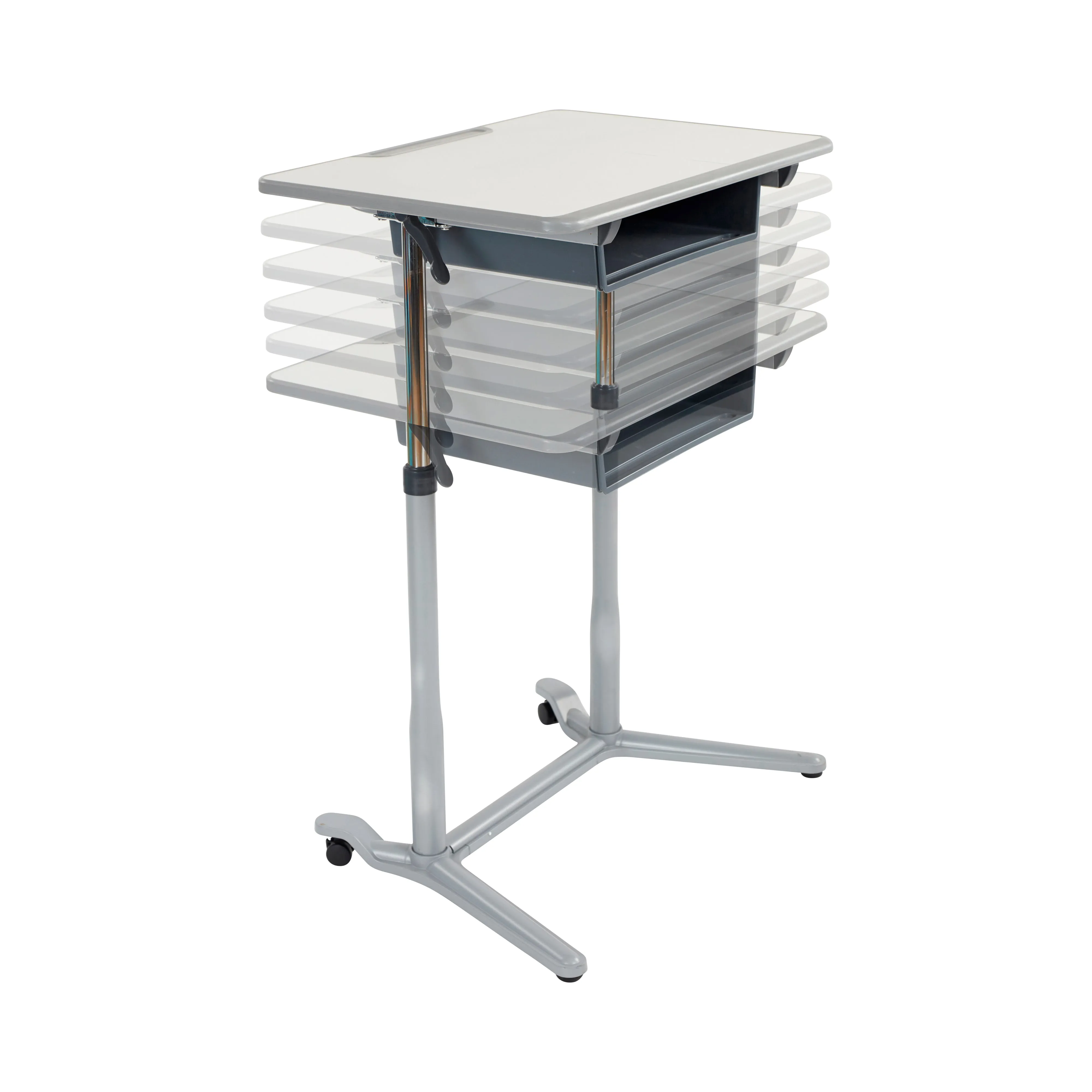 3S Mobile Desk, Sit Stand and Store, Adjustable, Open Front Desk, Grey