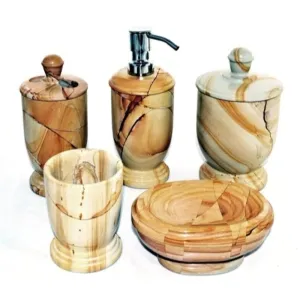 5 Piece Bathroom Accessory Set Crafted in Teak Marble