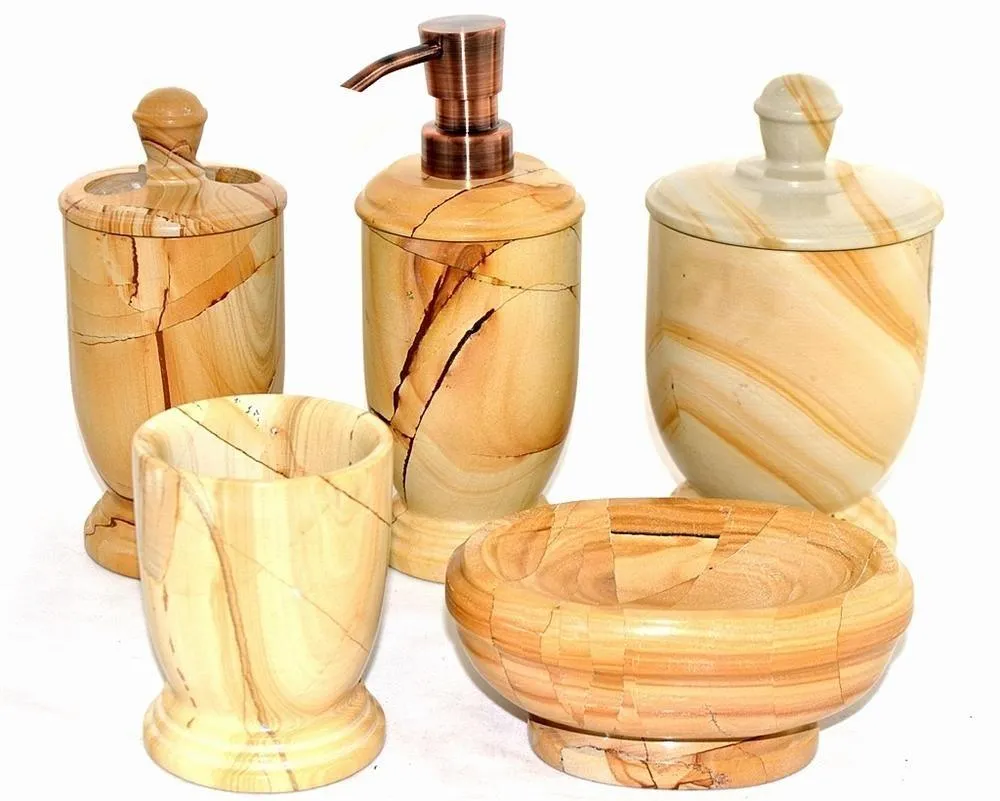 5 Piece Bathroom Accessory Set Crafted in Teak Marble