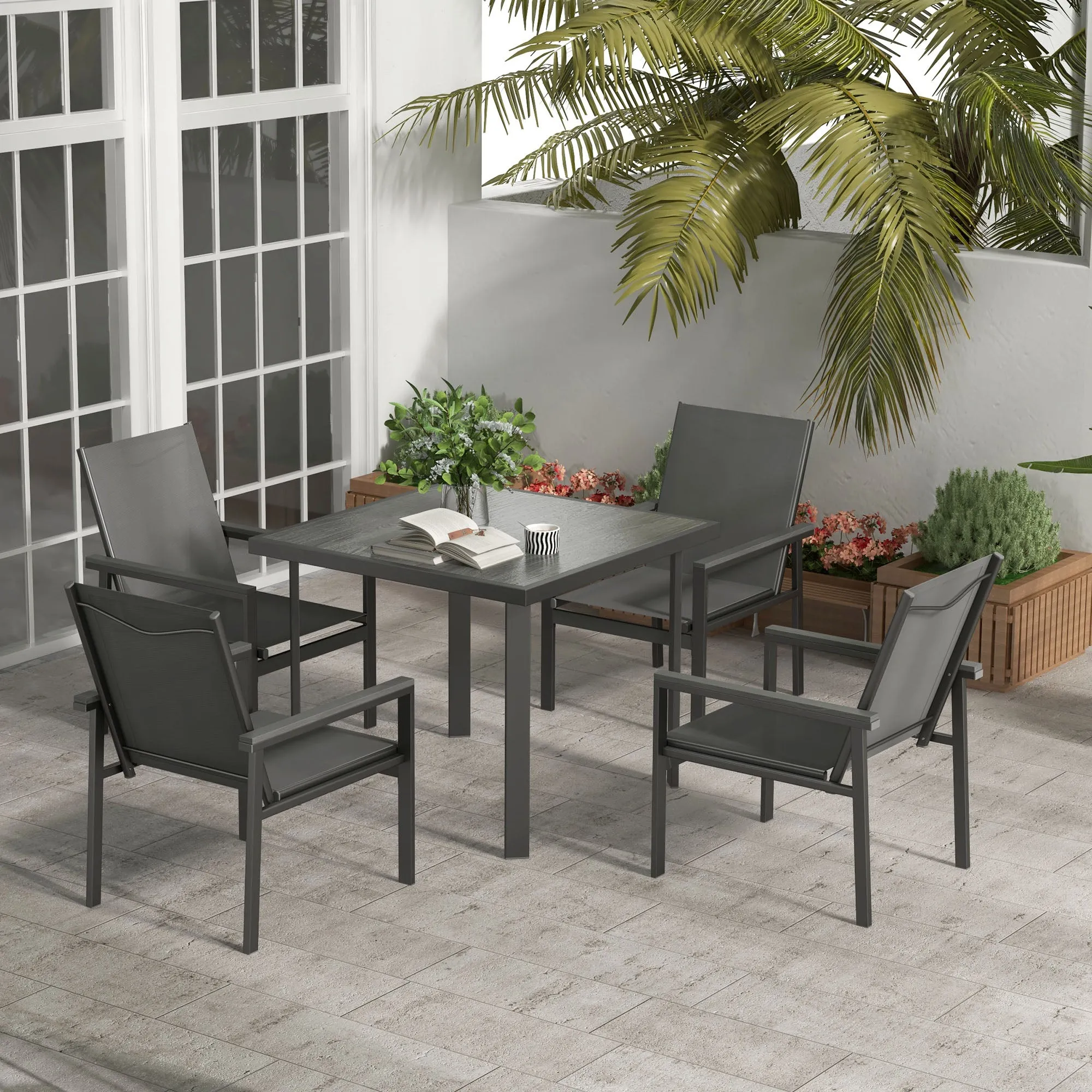 5 Pieces Garden Dining Set with Glass Top Dining Table, Outdoor Umbrella Hole Table and 4 Armchairs w/ Breathable Mesh Fabric Seats