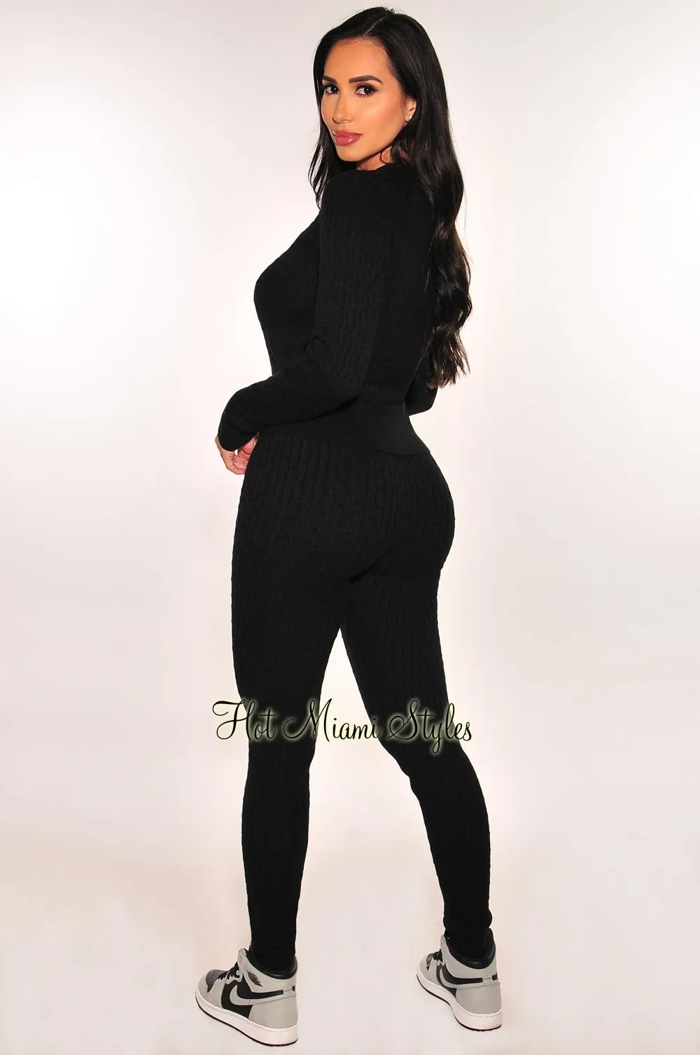 Black Cable Knit Round Neck Long Sleeve Pants Two Piece Set