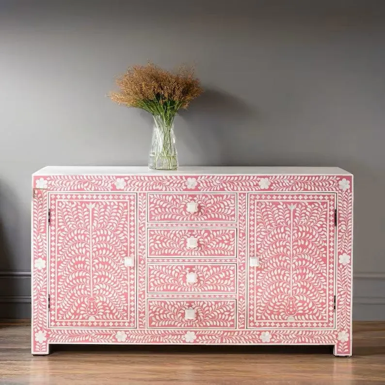 Bone Inlay Handmade Solid Hard Wood Modish Sideboard Pink Floral Pattern