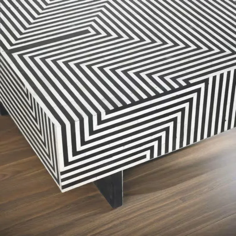 Bone Inlay Handmade Solid Wood Coffee Table in Black Strip Pattern