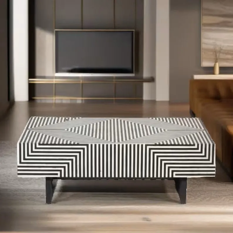 Bone Inlay Handmade Solid Wood Coffee Table in Black Strip Pattern