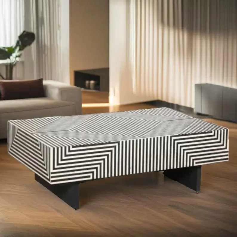 Bone Inlay Handmade Solid Wood Coffee Table in Black Strip Pattern