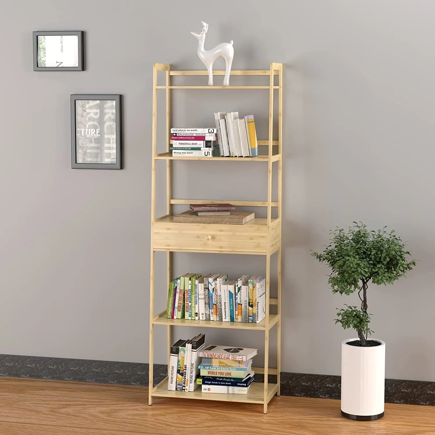 Bookshelf, Ladder Shelf with Drawers, 5 Tier Tall Bookcase, Modern Open Book Case for Bedroom, Living Room, Office, Natural