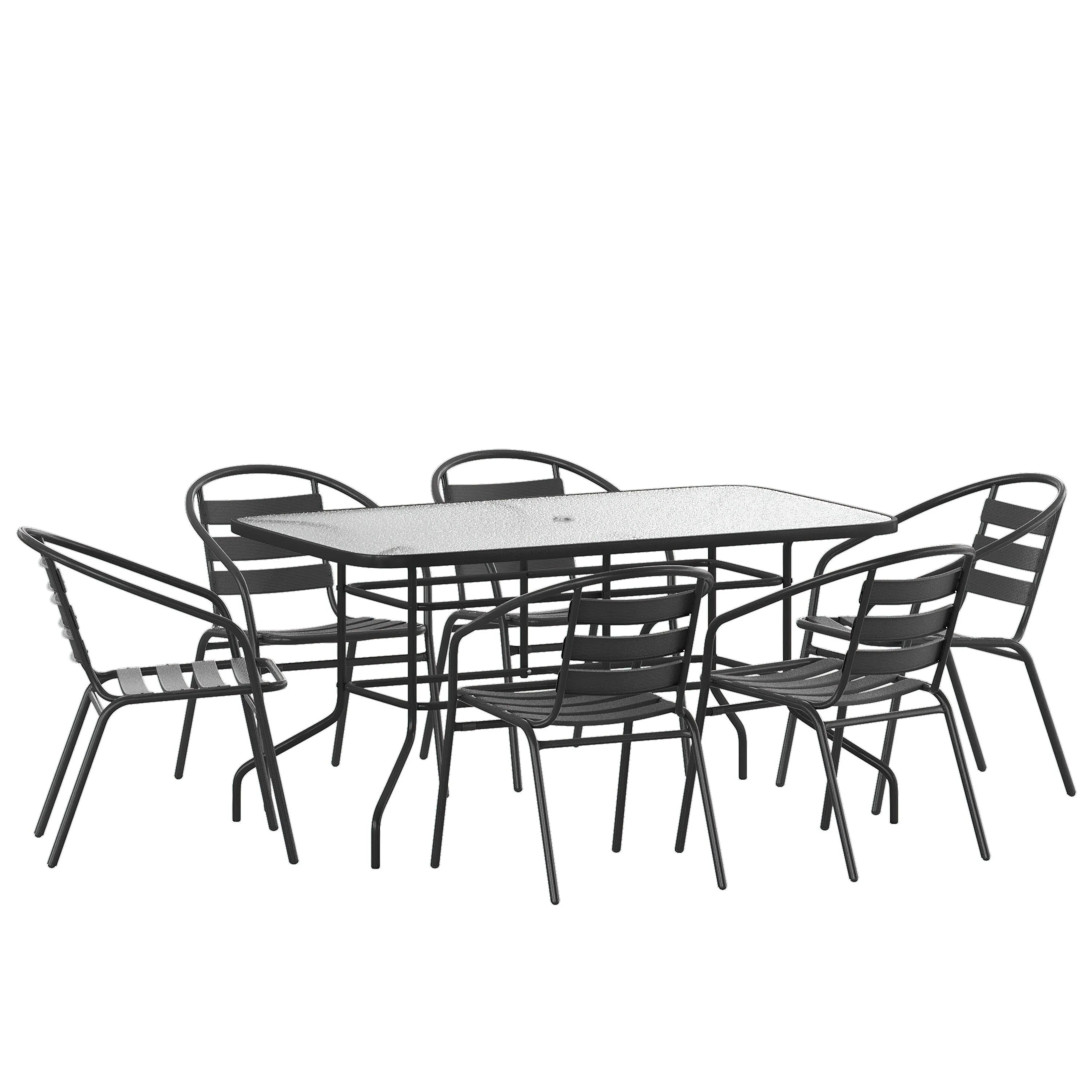 Brazos 7 Piece Outdoor Patio Dining Set - Tempered Glass Patio Table, 6 Flex Comfort Stack Chairs