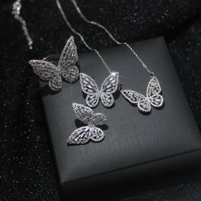 Butterfly Jewelry Sets - Necklaces and Luxury Cubic Zircon CZ Stud Earrings