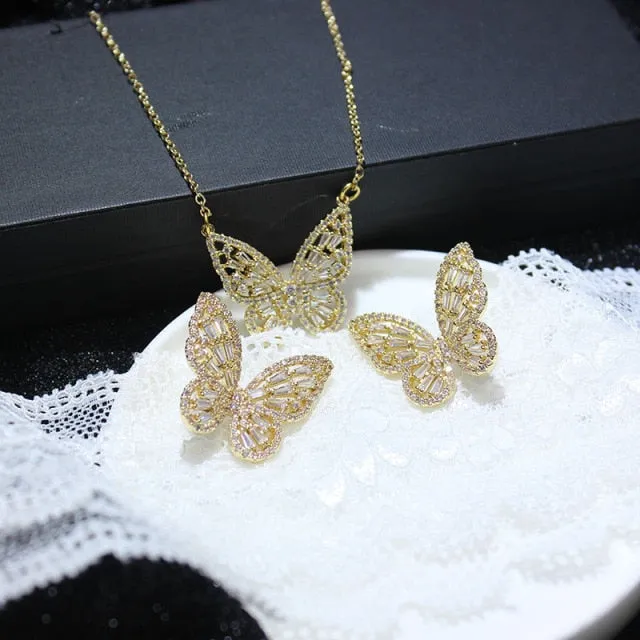 Butterfly Jewelry Sets - Necklaces and Luxury Cubic Zircon CZ Stud Earrings