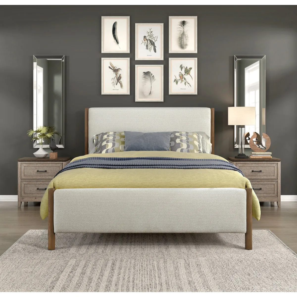 Caramel Oak Queen Platform Bed with Chenille Upholstery - Includes Headboard & Slats