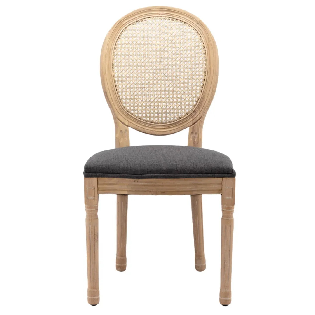 Chic French Rattan Dining Chairs, Upholstered, Solid Wood Legs, Grey