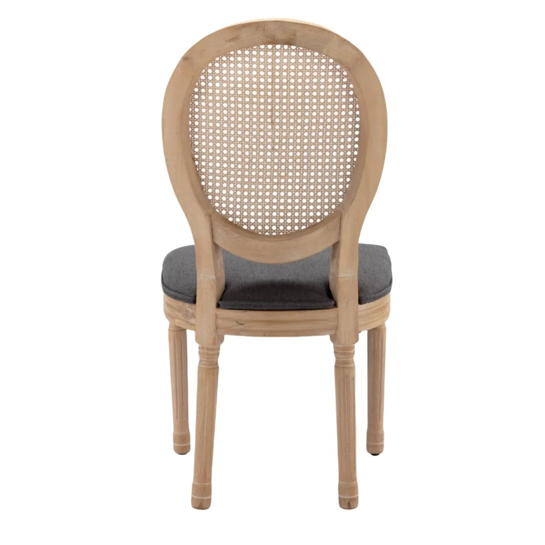 Chic French Rattan Dining Chairs, Upholstered, Solid Wood Legs, Grey