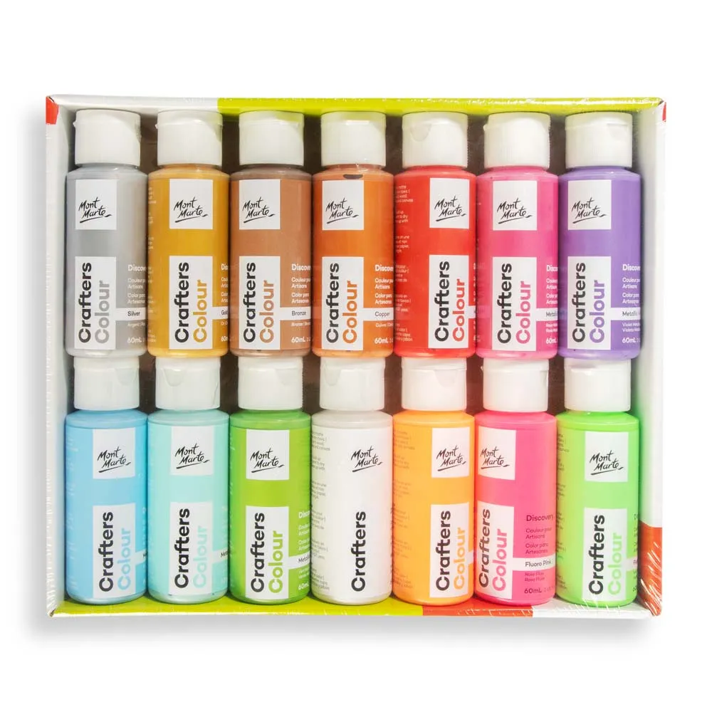 14-Piece Crafters Colour Metallic & Fluorescent Discovery Paint Set (60ml Bottles)