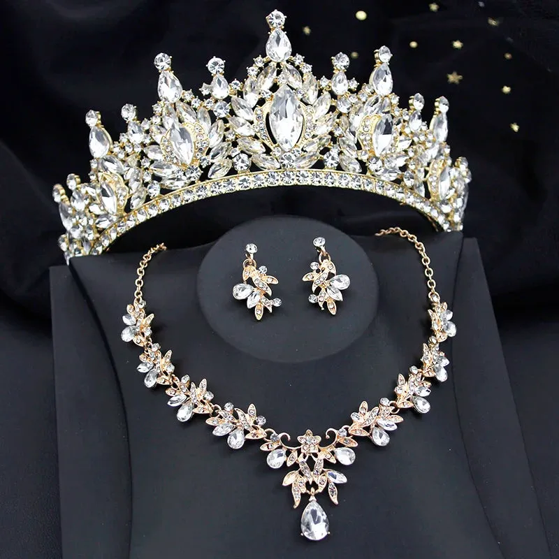 Crystal Bridal Jewelry Sets for Women Tiaras Necklace Earrings Sets