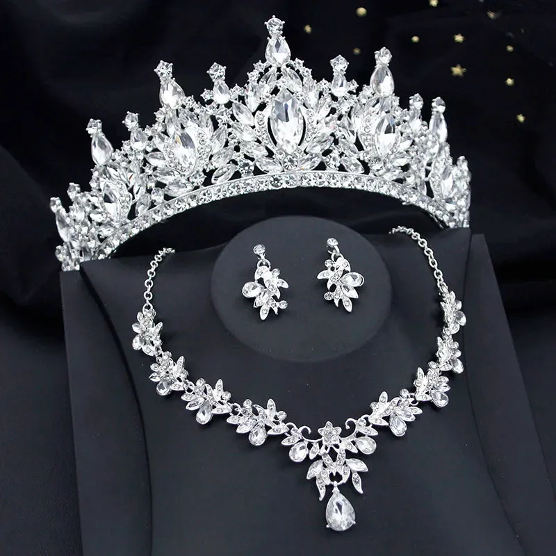 Crystal Bridal Jewelry Sets for Women Tiaras Necklace Earrings Sets