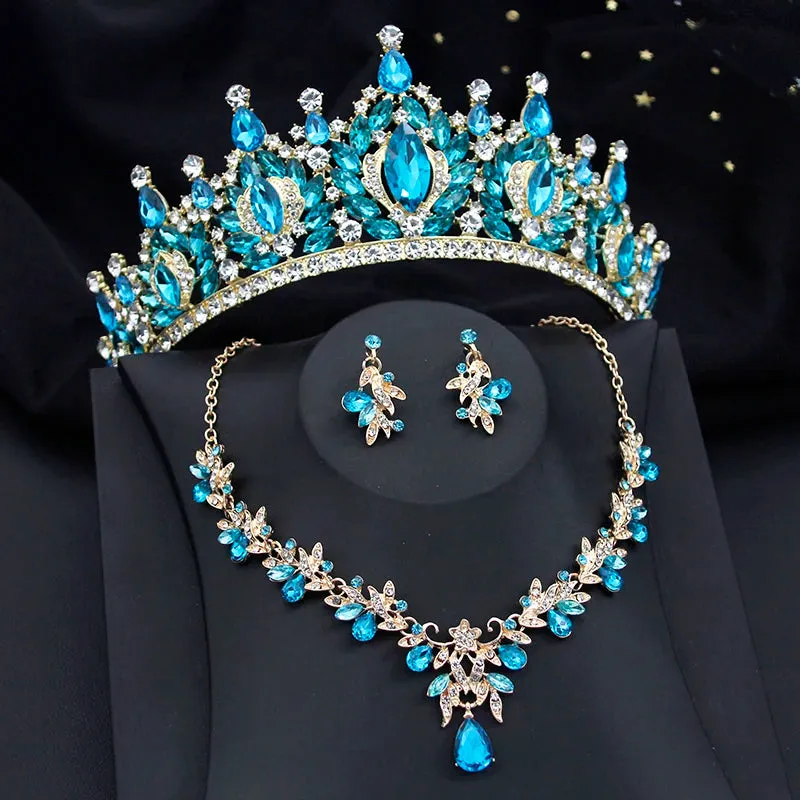 Crystal Bridal Jewelry Sets for Women Tiaras Necklace Earrings Sets