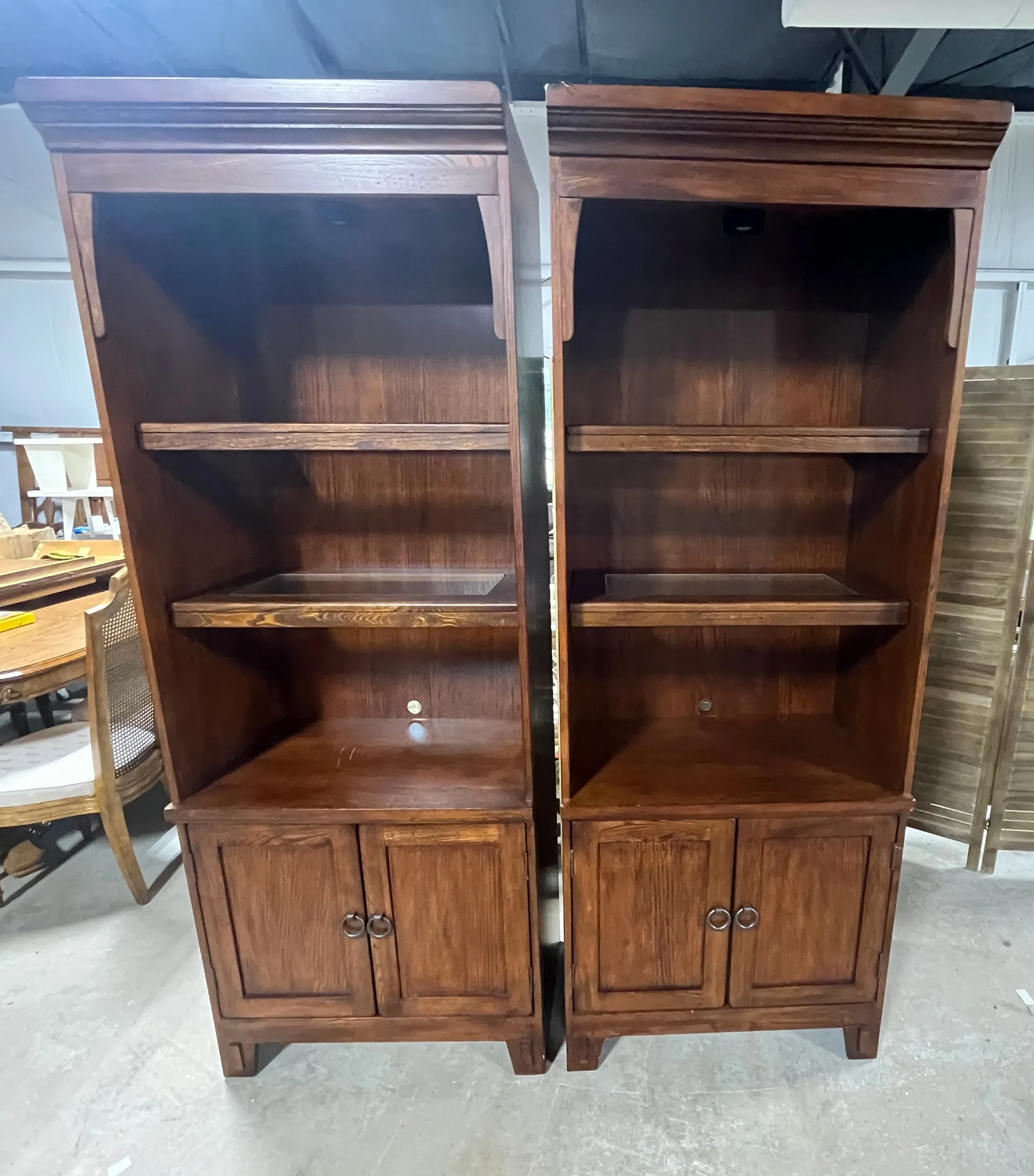 Dark Oak Lighted Bookcases/Cabinets, (2)