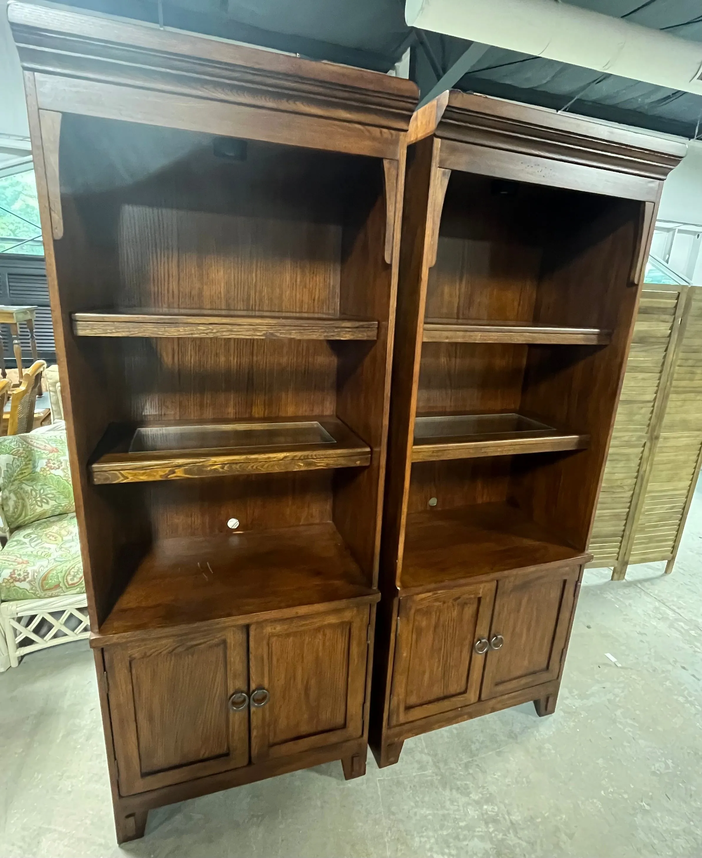 Dark Oak Lighted Bookcases/Cabinets, (2)