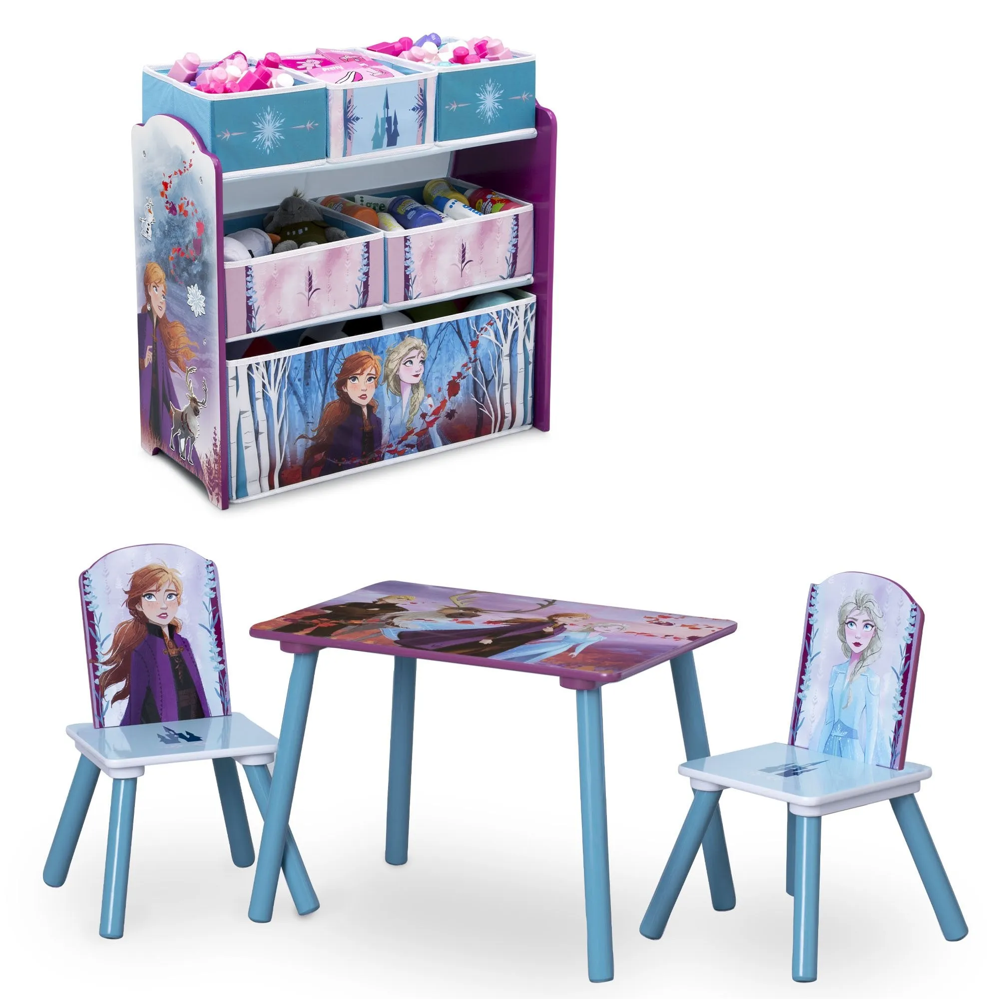 Disney Frozen II 4-Piece Playroom Solution  – Set Includes Table and 2 Chairs and 6-Bin Toy Organizer