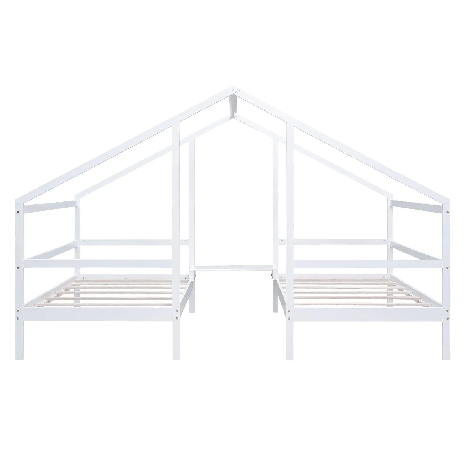 Double Twin Size Triangular House Beds with Built-in Table, White