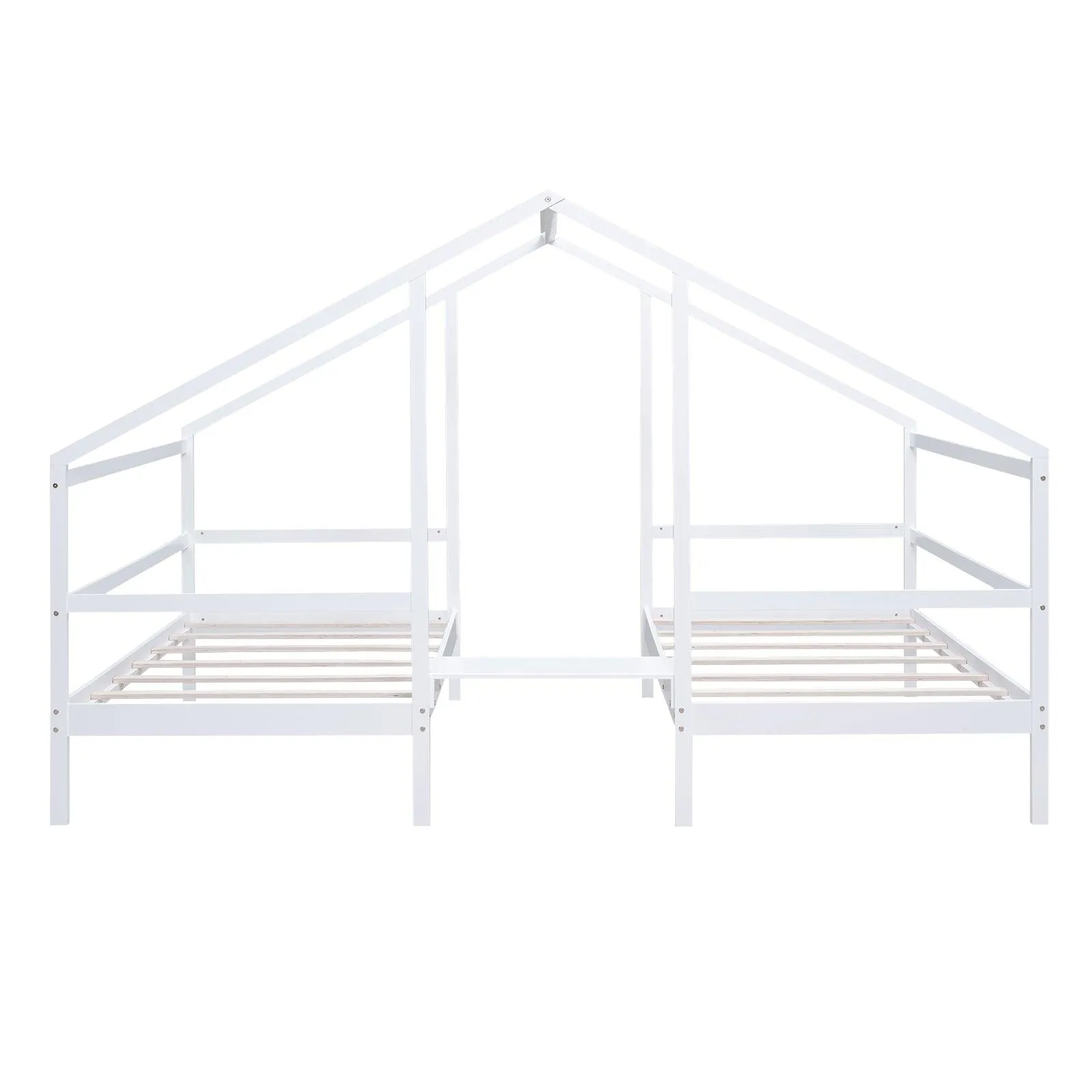 Double Twin Size Triangular House Beds with Built-in Table, White