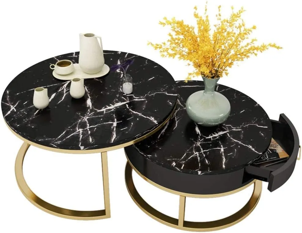 ECONODECOR Modern Marble Round Coffee Table Set of 2 Nesting Tables MDF Top, Luxury Square End Tables with Wooden Drawer Gold Metal Frame (Black &Gold)