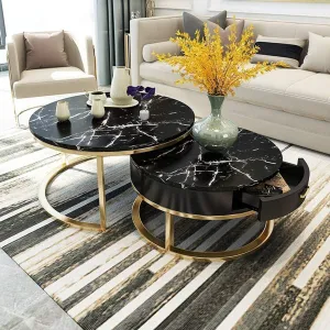 ECONODECOR Modern Marble Round Coffee Table Set of 2 Nesting Tables MDF Top, Luxury Square End Tables with Wooden Drawer Gold Metal Frame (Black &Gold)