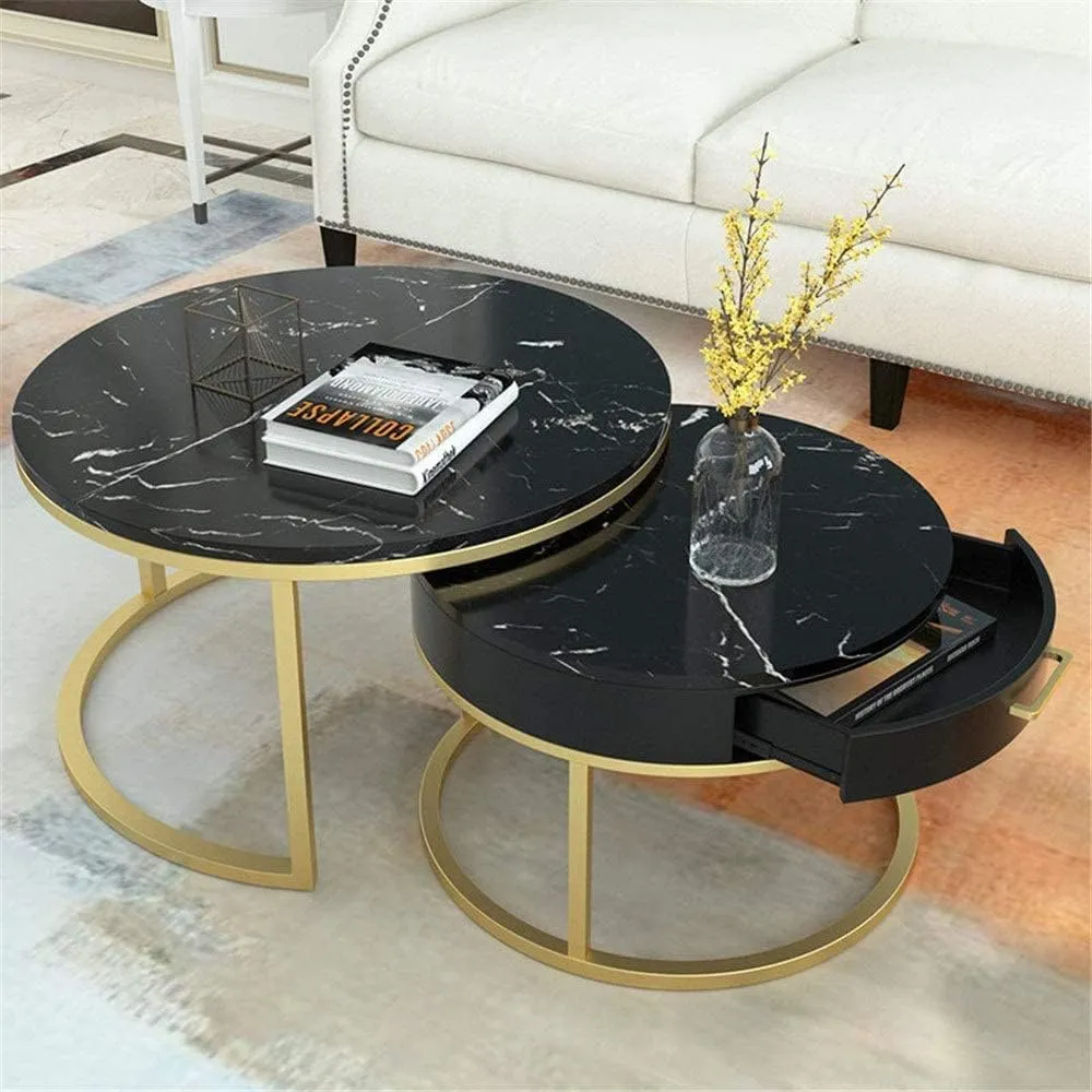 ECONODECOR Modern Marble Round Coffee Table Set of 2 Nesting Tables MDF Top, Luxury Square End Tables with Wooden Drawer Gold Metal Frame (Black &Gold)