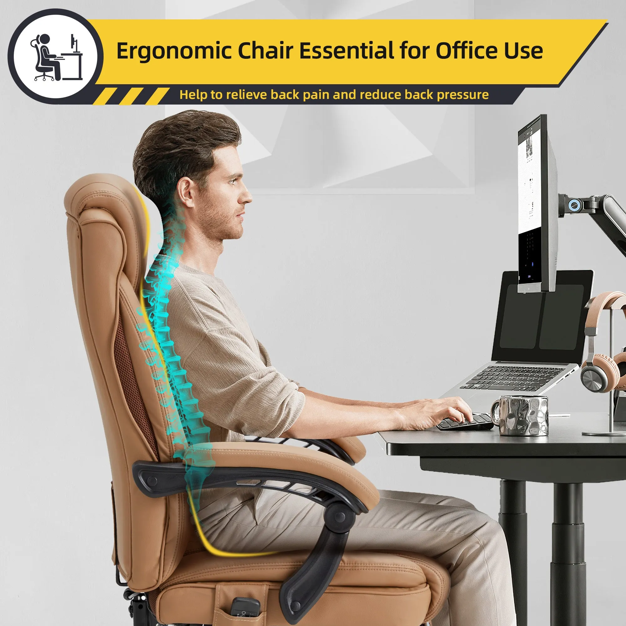 Ergonomic Executive PU Leather Adjustable Height Massage and Heated Office Chair Yellow