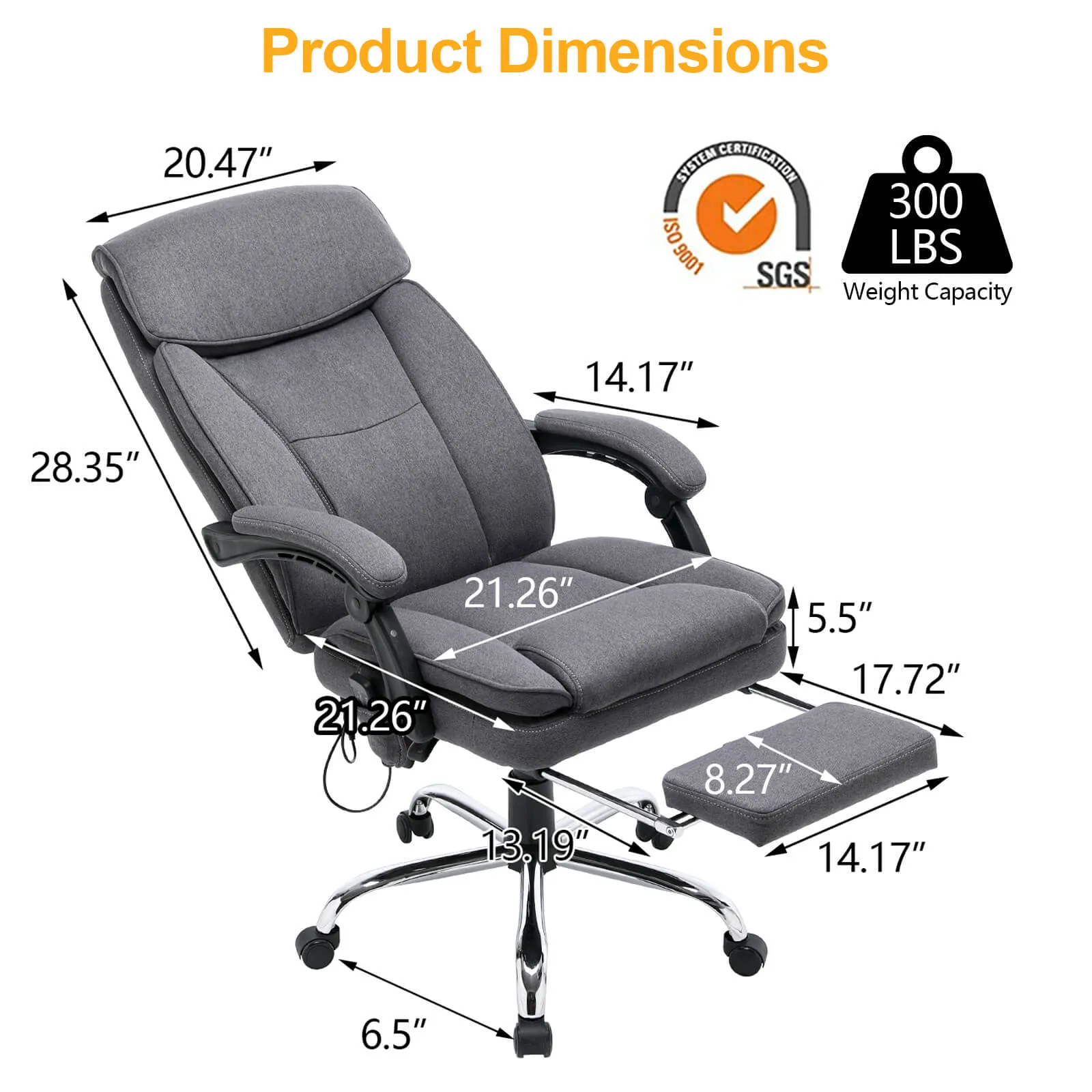 Ergonomic Reclining  Massage Office Chair Gifts For College with Breathable Fabric Dark Gray