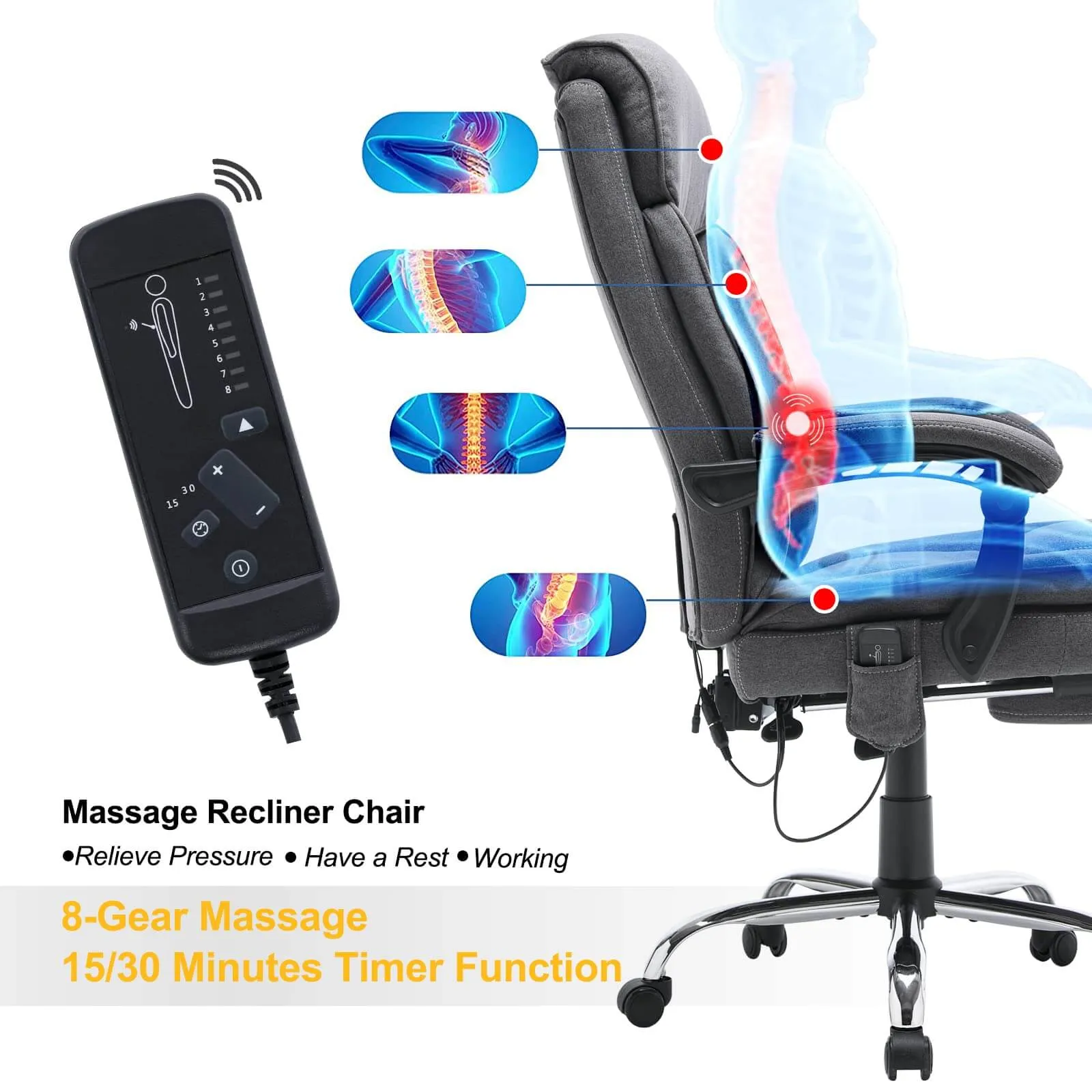 Ergonomic Reclining  Massage Office Chair Gifts For College with Breathable Fabric Dark Gray