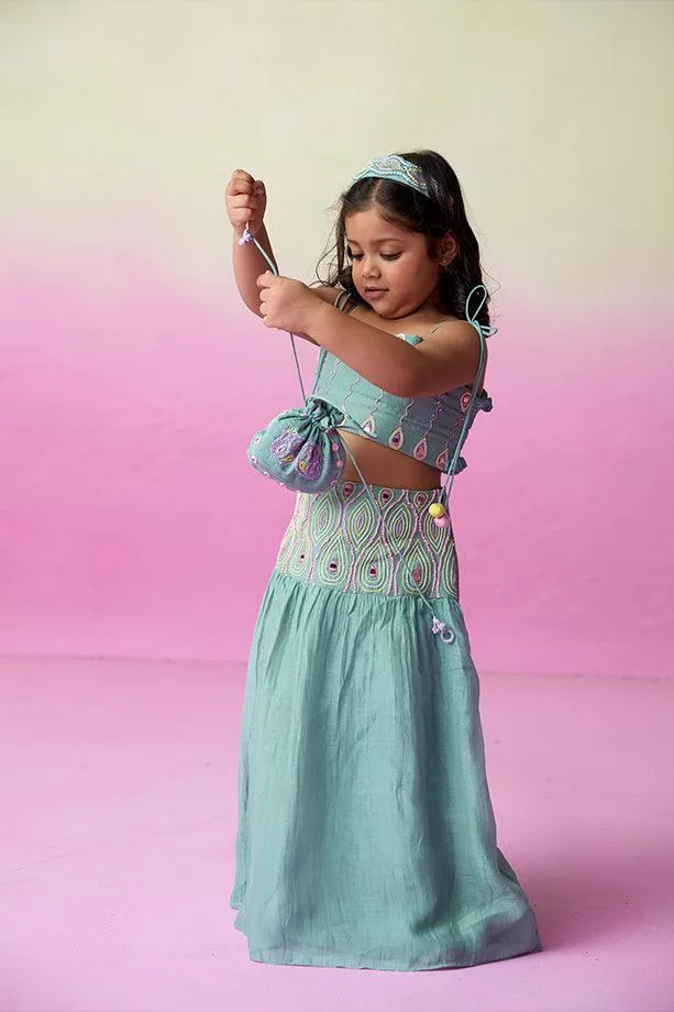 Featherlight Cloud-Mint Hand Embroidered Skirt Top Set for Girls