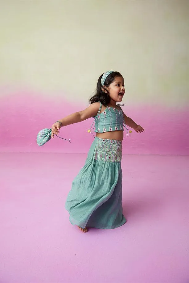 Featherlight Cloud-Mint Hand Embroidered Skirt Top Set for Girls