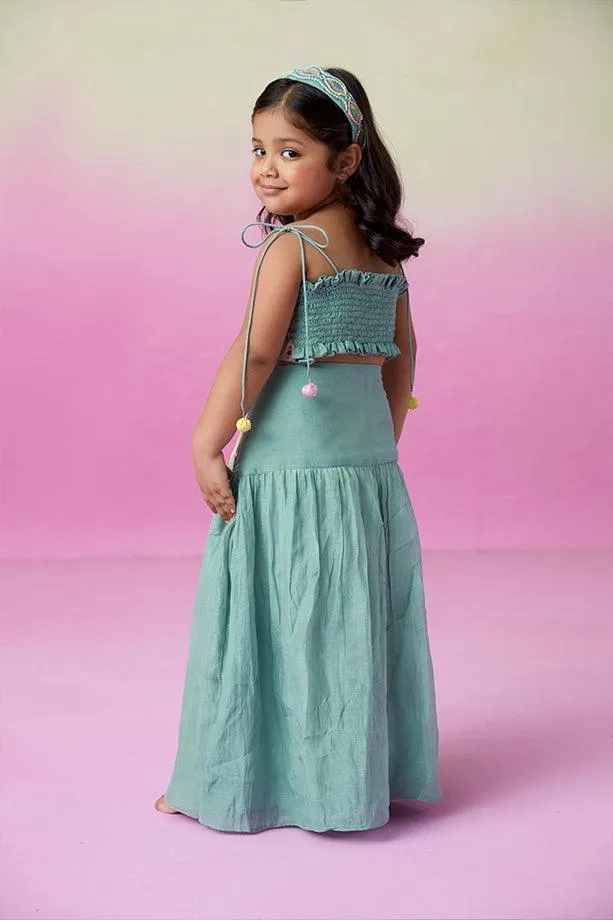 Featherlight Cloud-Mint Hand Embroidered Skirt Top Set for Girls