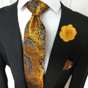 Floral Black Gold Paisley Silk Tie Pocket Square Cufflink Set