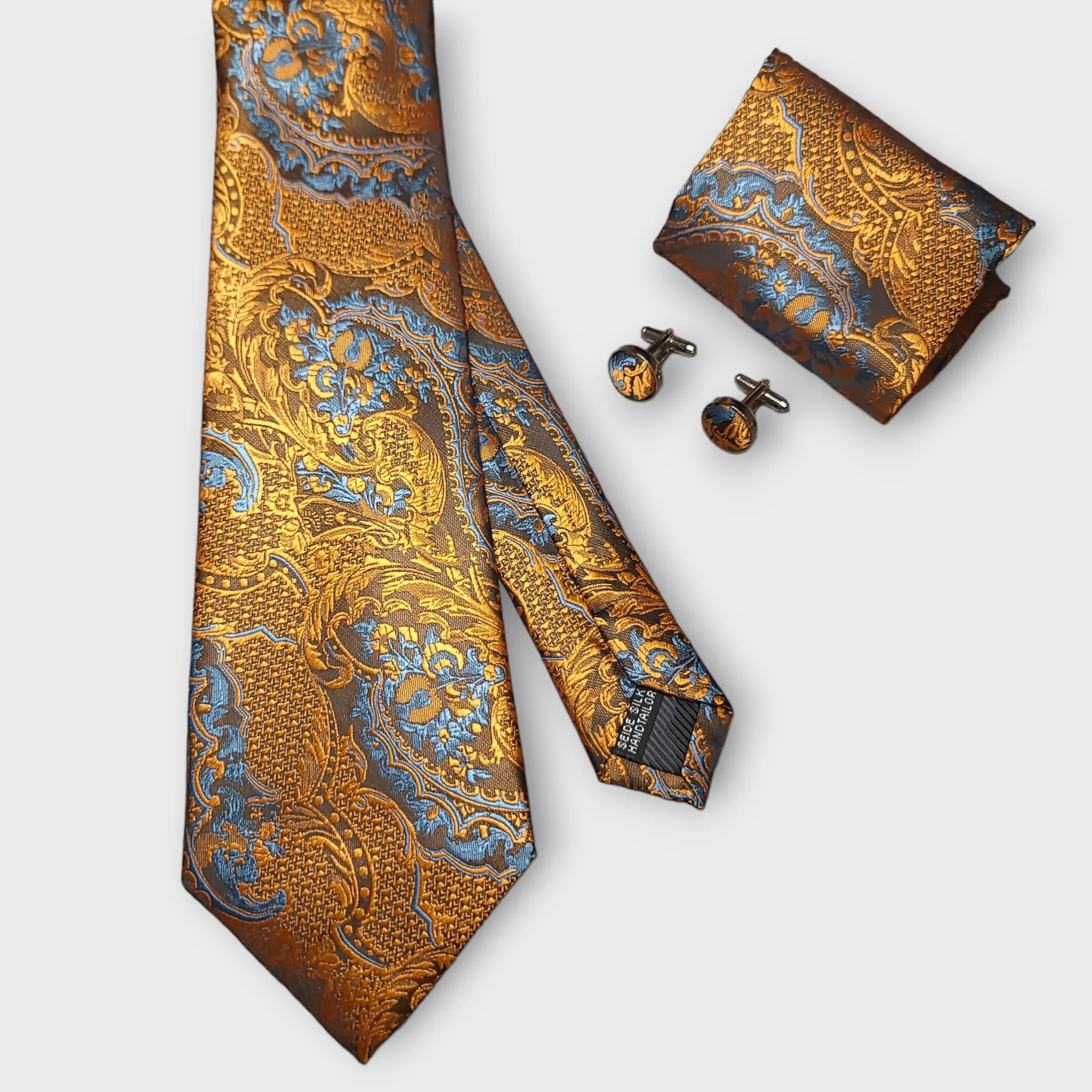 Floral Black Gold Paisley Silk Tie Pocket Square Cufflink Set