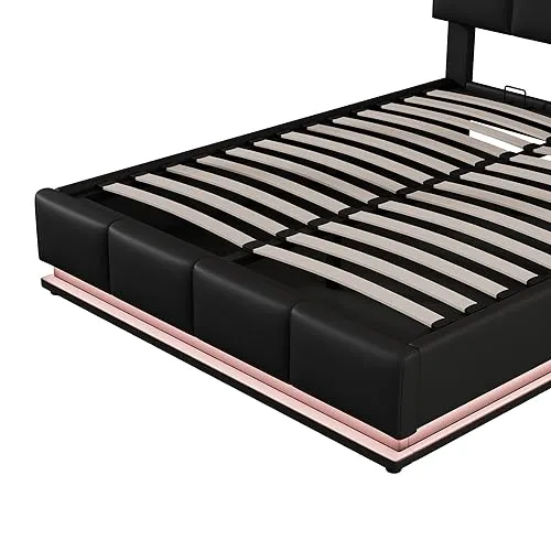 Harper & Bright Designs Full Size Platform Bed with Gas Lift up Storage, Full Bed Frame with LED Lights and USB Charger, PU Tufted Upholstered Full Bed with Hydraulic Storage System, Black