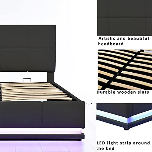 Harper & Bright Designs Full Size Platform Bed with Gas Lift up Storage, Full Bed Frame with LED Lights and USB Charger, PU Tufted Upholstered Full Bed with Hydraulic Storage System, Black