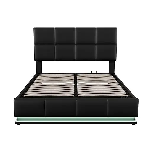 Harper & Bright Designs Full Size Platform Bed with Gas Lift up Storage, Full Bed Frame with LED Lights and USB Charger, PU Tufted Upholstered Full Bed with Hydraulic Storage System, Black