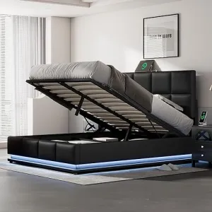 Harper & Bright Designs Full Size Platform Bed with Gas Lift up Storage, Full Bed Frame with LED Lights and USB Charger, PU Tufted Upholstered Full Bed with Hydraulic Storage System, Black