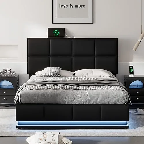 Harper & Bright Designs Full Size Platform Bed with Gas Lift up Storage, Full Bed Frame with LED Lights and USB Charger, PU Tufted Upholstered Full Bed with Hydraulic Storage System, Black