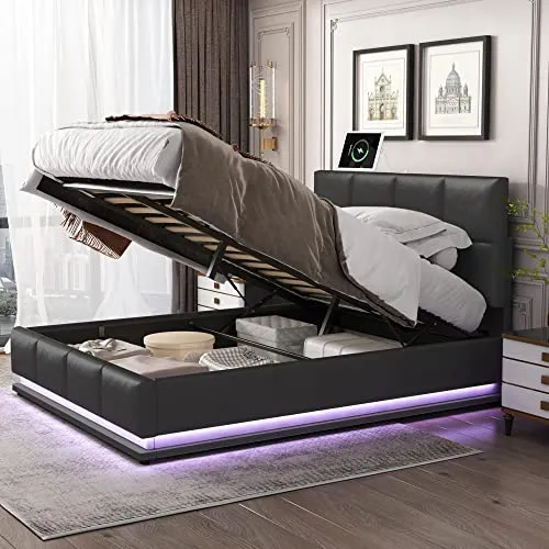 Harper & Bright Designs Lift Up Storage Bed Queen Size Upholstered Bed with a Hydraulic Storage System, Queen Size Storage Bed with LED Lights and USB Charger, No Box Spring Needed (PU, Black)