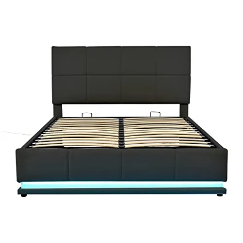 Harper & Bright Designs Lift Up Storage Bed Queen Size Upholstered Bed with a Hydraulic Storage System, Queen Size Storage Bed with LED Lights and USB Charger, No Box Spring Needed (PU, Black)