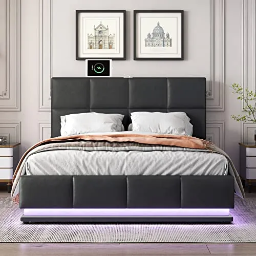 Harper & Bright Designs Lift Up Storage Bed Queen Size Upholstered Bed with a Hydraulic Storage System, Queen Size Storage Bed with LED Lights and USB Charger, No Box Spring Needed (PU, Black)