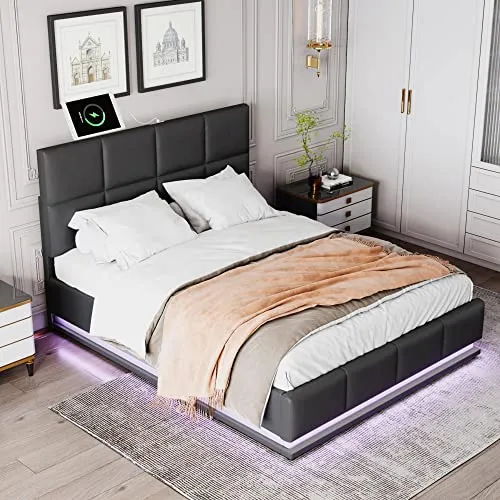 Harper & Bright Designs Lift Up Storage Bed Queen Size Upholstered Bed with a Hydraulic Storage System, Queen Size Storage Bed with LED Lights and USB Charger, No Box Spring Needed (PU, Black)