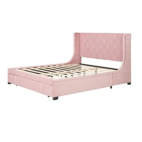 Harper & Bright Designs Queen Size Velvet Upholstered Platform Bed with a Big Drawer, Queen Storage Bed with Wingback Headboard for Bedroom Guestroom, No Box Spring Needed, Pink