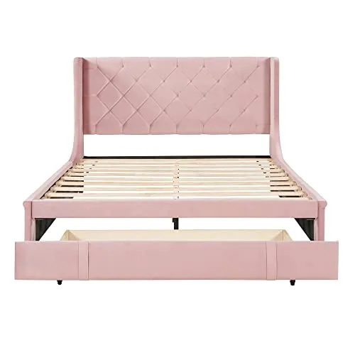 Harper & Bright Designs Queen Size Velvet Upholstered Platform Bed with a Big Drawer, Queen Storage Bed with Wingback Headboard for Bedroom Guestroom, No Box Spring Needed, Pink