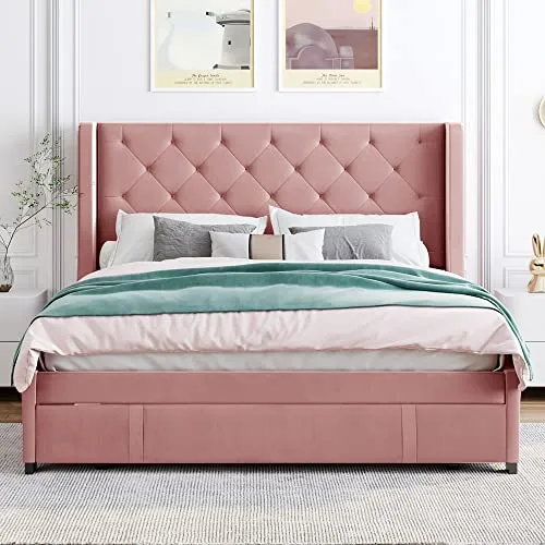 Harper & Bright Designs Queen Size Velvet Upholstered Platform Bed with a Big Drawer, Queen Storage Bed with Wingback Headboard for Bedroom Guestroom, No Box Spring Needed, Pink